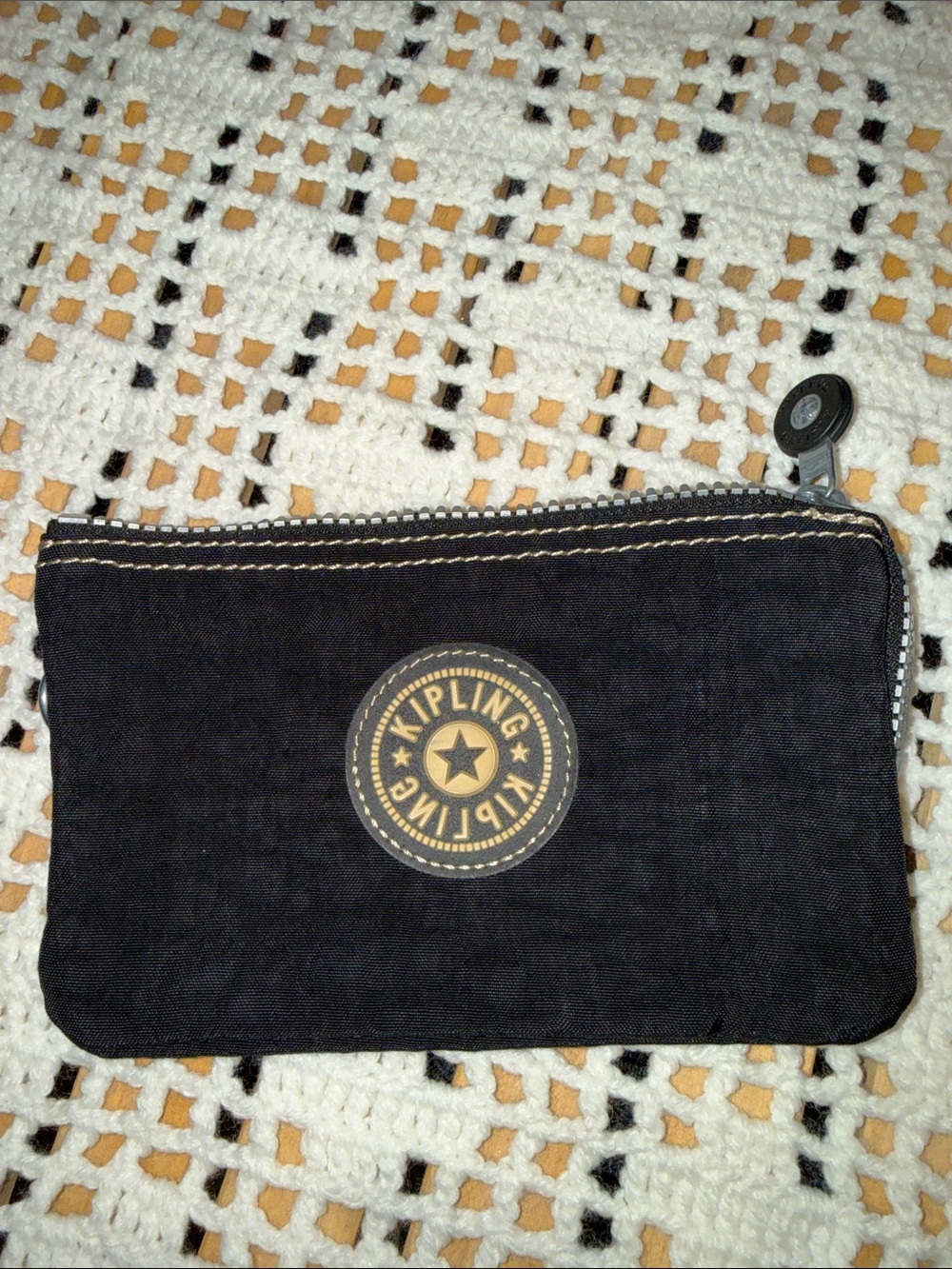 Kipling Black Canvas Zip Pouch with Logo Patch